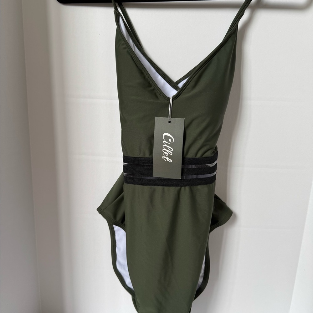Cillet Olive Green One Piece Swimsuit Stripe Sheer Waist Strapped Back XL